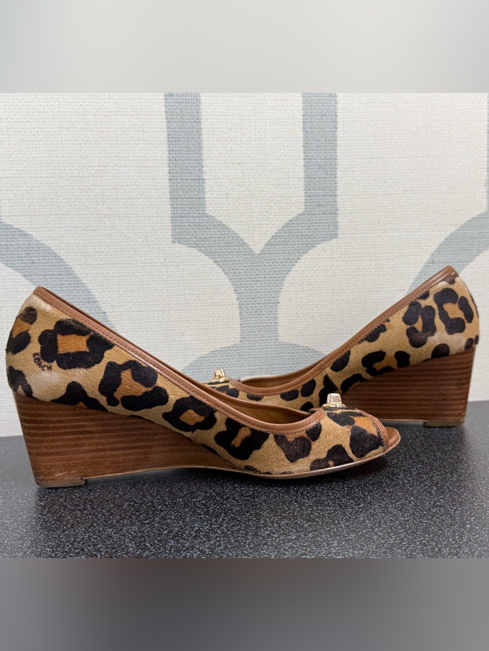 Coach Leopard Print Calf Hair Wedges Size 8B Peep Toe